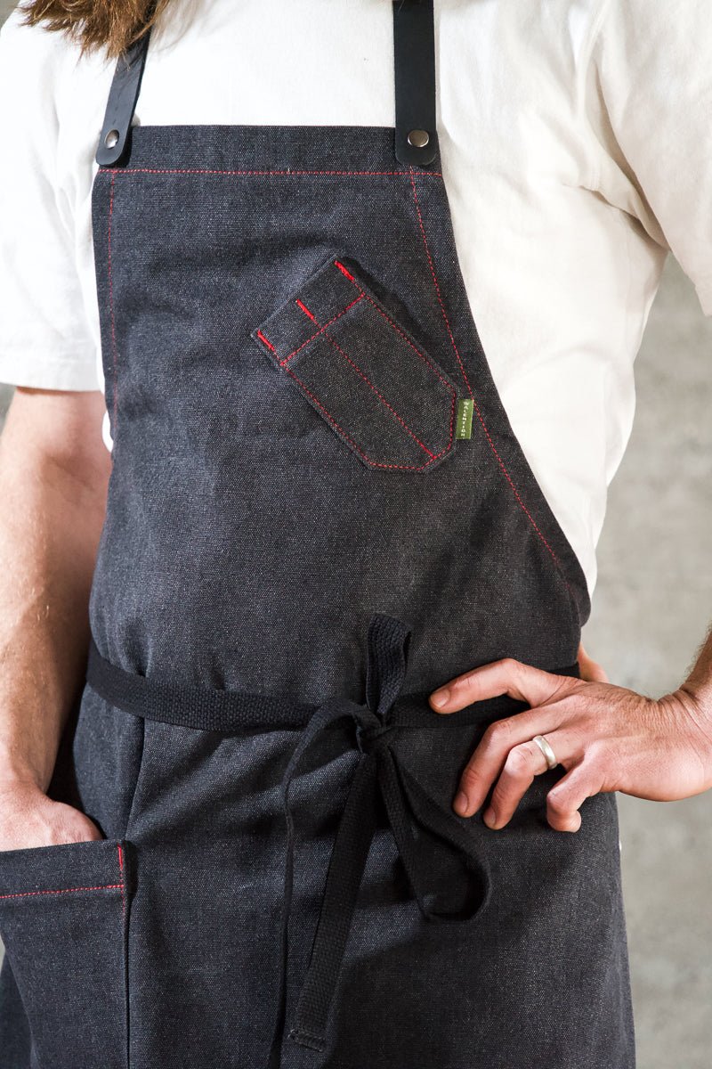 Black Stonewashed Chef Apron w/ Leather Strap - Valentich Goods