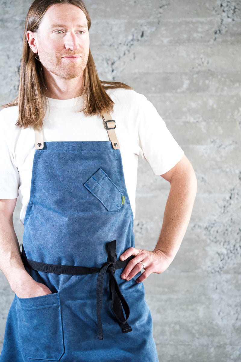 Blue Stonewashed Chef Apron w/ Leather Strap - Valentich Goods