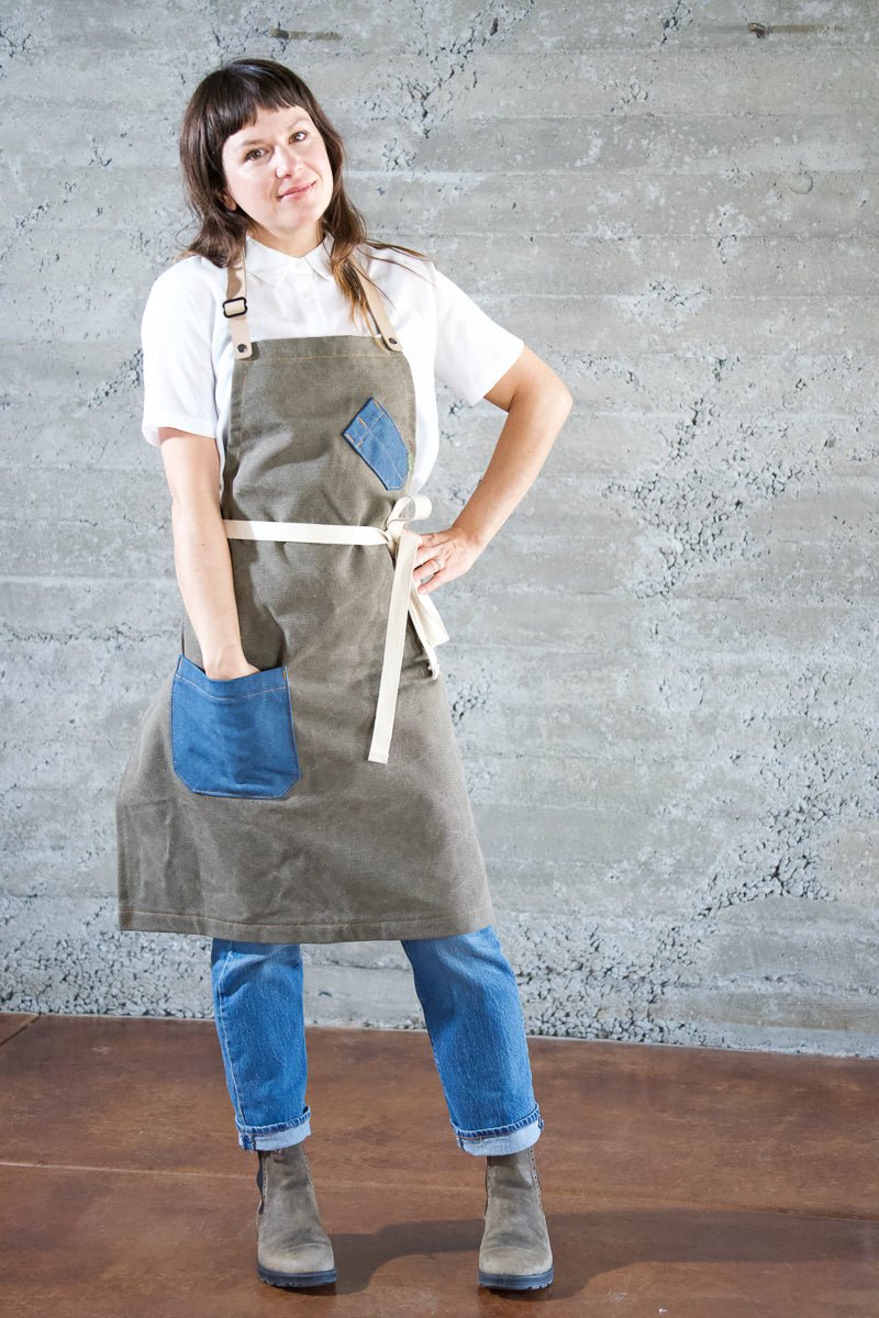 Saddle + Blue Stonewashed Chef Apron w/ Leather Strap - Valentich Goods