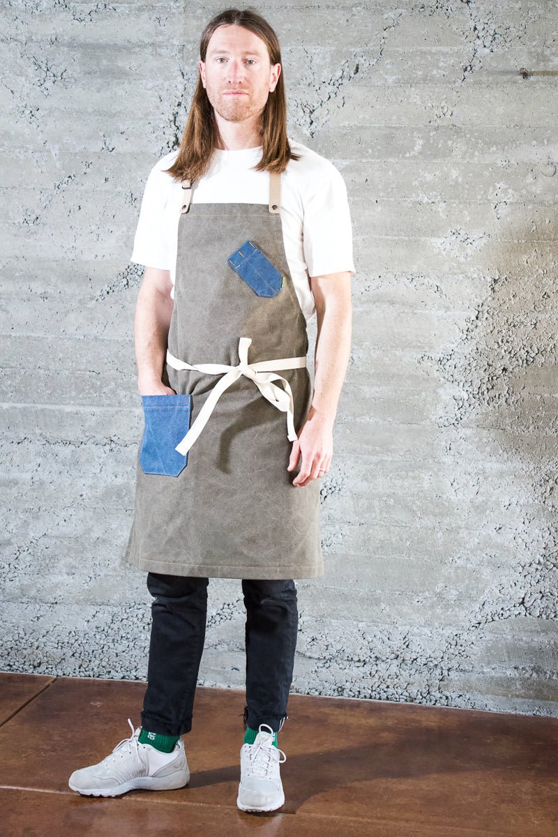 Saddle + Blue Stonewashed Chef Apron w/ Leather Strap - Valentich Goods