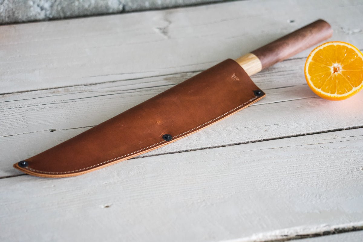 Leather Chef Knife Sheath/Saya - Black - 240mm - Valentich Goods #color_cognac