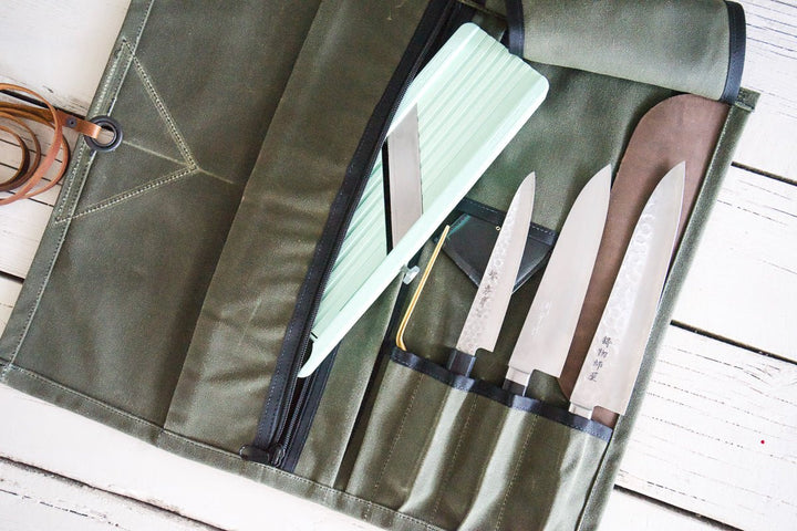 Mini Waxed Canvas Knife Roll - Valentich Goods #color_artichoke