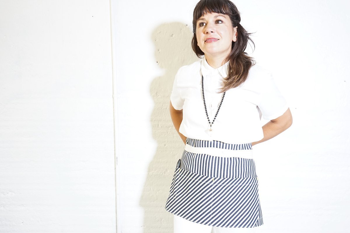 Shorty Server Apron - Indigo + Cream Striped - Valentich Goods
