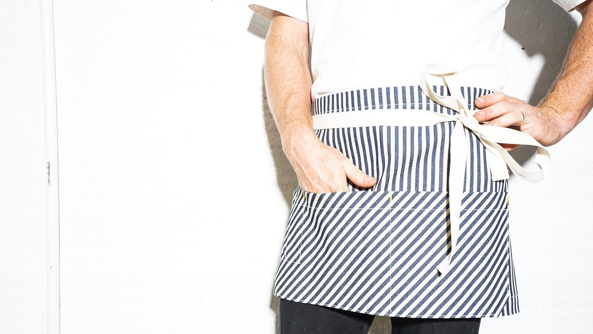 Shorty Server Apron - Indigo + Cream Striped - Valentich Goods